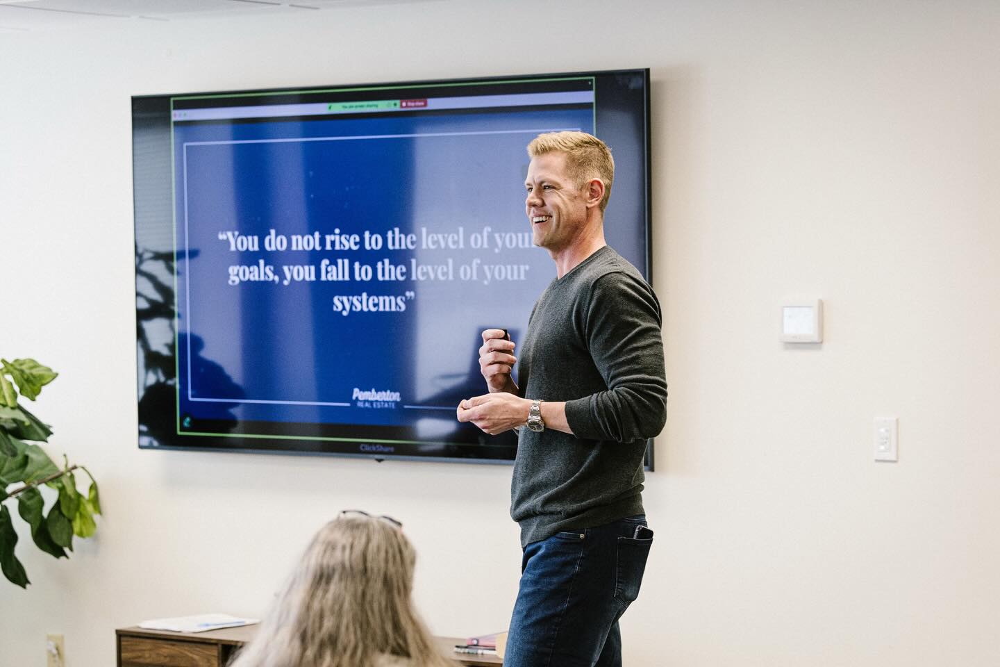 Parker Pemberton speaking at a company meeting